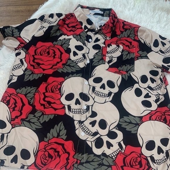 Miss Look Ladies Shirt Top Skeletons & Roses button down size XL - Picture 2 of 6